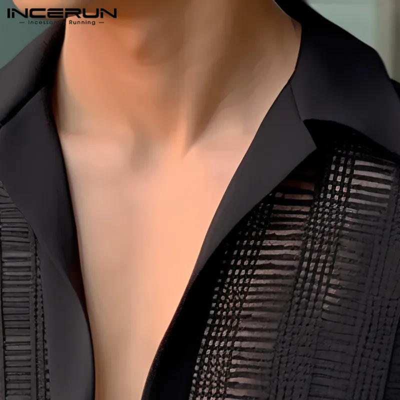 Description Picture 5 of item2024 INCERUN Tops Lapel Men Shirts Mesh See-through Shirt Tee Casual Streetwear Blouse  Short Sleeve Chemise Men Clothing