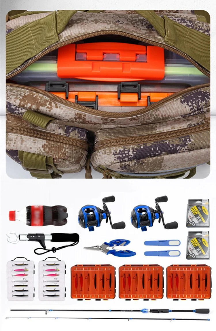 Description Picture 5 of itemLarge Size Fishing Equipment Bait Box Gear Storage Bag Men Waist Bag Fly Fishing with Rod Holder Drain Water and Wear Resistant