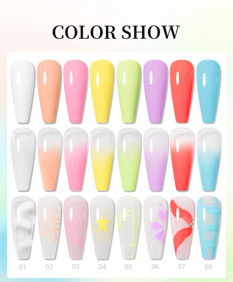 Description Picture 4 of itemBOZLIN 5ml Candy Ombre Puff Gel 8 Colors Spring Summer Pink Purple Paint Semi Permanent For Manicure Nail Art Gel Varnish