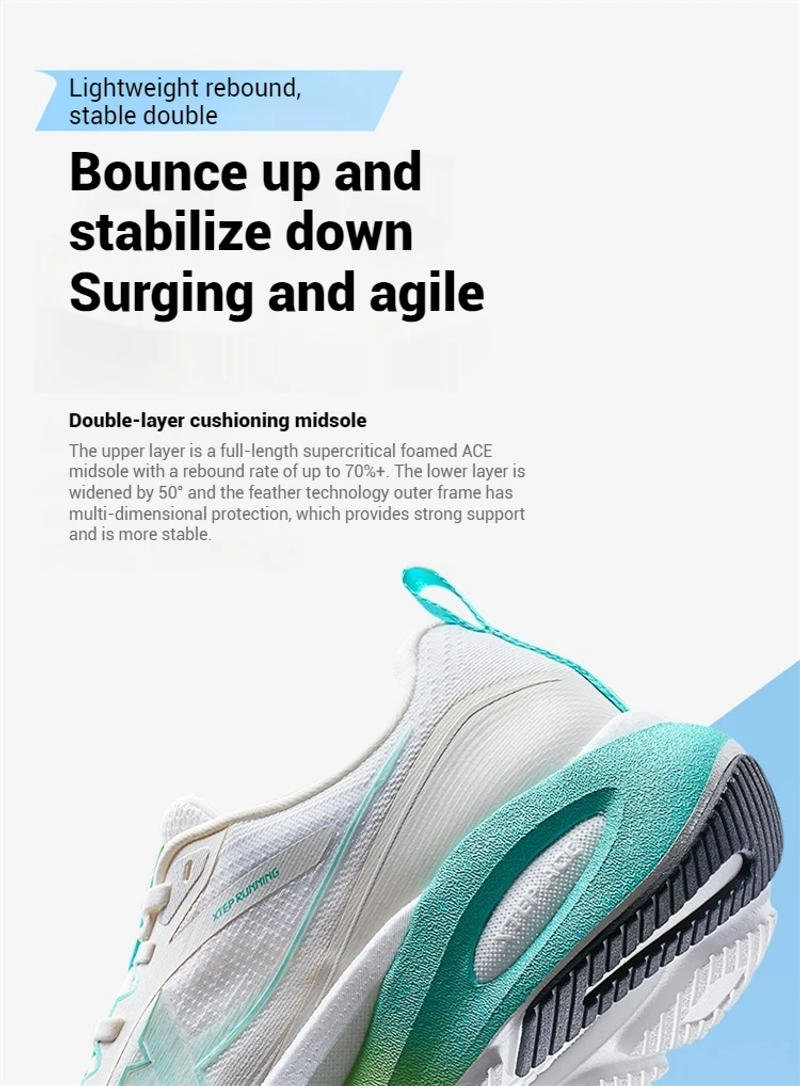 Description Picture 5 of itemXtep Lingbu 2.0 Running Shoes Male 2025 Spring ACE Support Feather Foam Sports Shoes  Stability Advanced Sneakers 875119110001