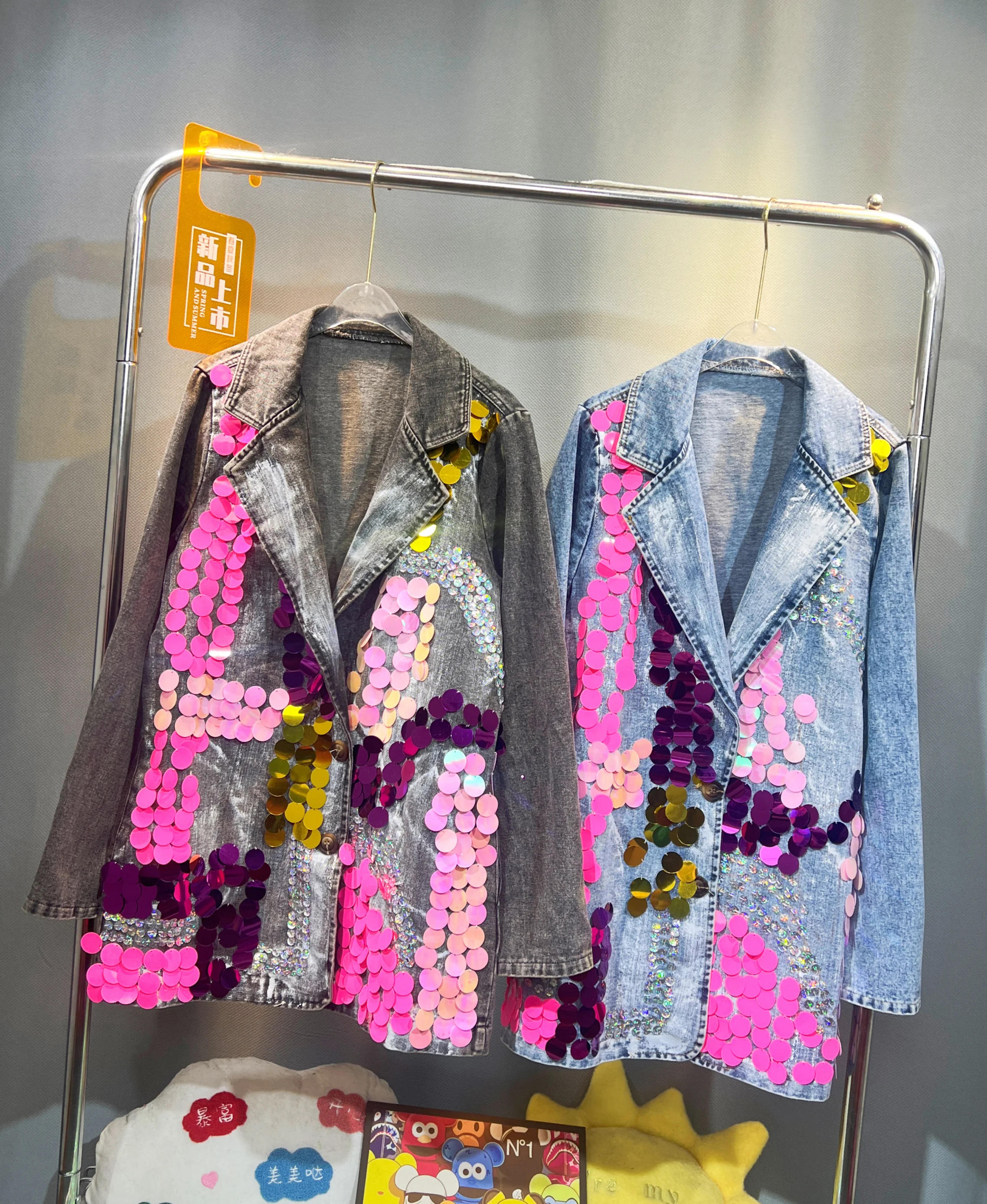 Description Picture 4 of itemHand Painted Heavy Sequined Denim Suit Coat Spring Mid Length Blazers Jacket Turn Down Collar Jeans Cardigan Loose Cowboy Tops