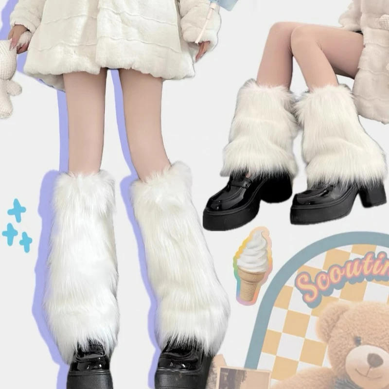 Description Picture 3 of item1/2Pairs Artificial Fur Plush Leg Warmers Women Autumn Winter Thermal Long Socks Girls Fashion Japanese Knee-length Stockings