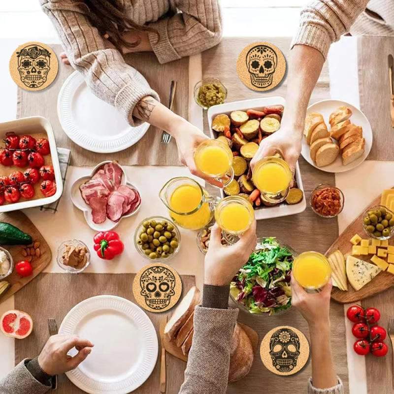 Description Picture 4 of item6pcs/Set Creative Engraved Flower Skull Pattern Round Cork Coasters For Coffee Cups Mugs Drink Holder and Tableware