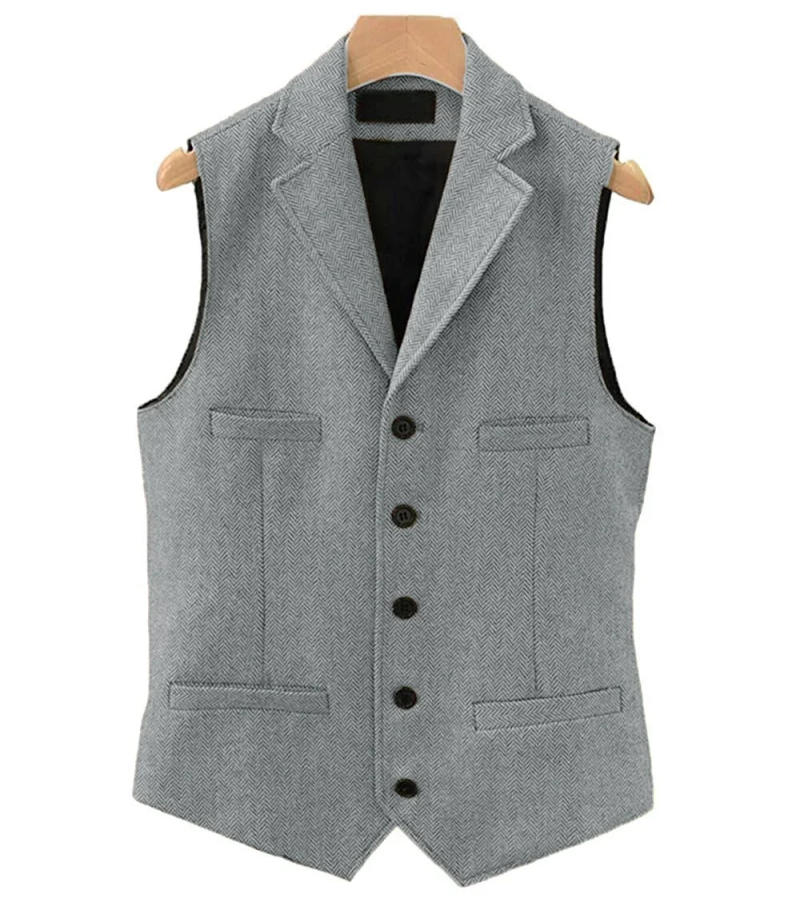 Description Picture 5 of item2024 Mens Vest Classic Brown Suit Wool Tweed Notch Lapel Waistcoat Herringbone Groomsmen Winter Coat For Wedding