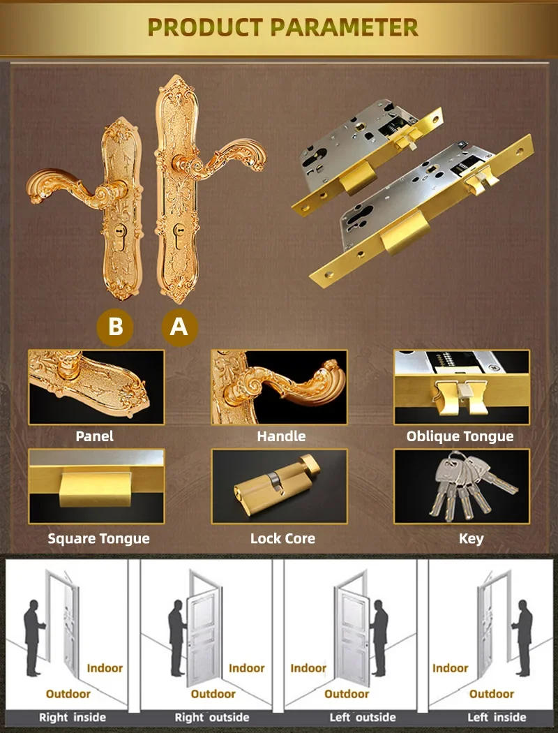 Description Picture 2 of itemEuropen Brass Gate Lock Door Locks Modern Golden Indoor Handle Lockset Villa Rose Golden Wood Door Locksets