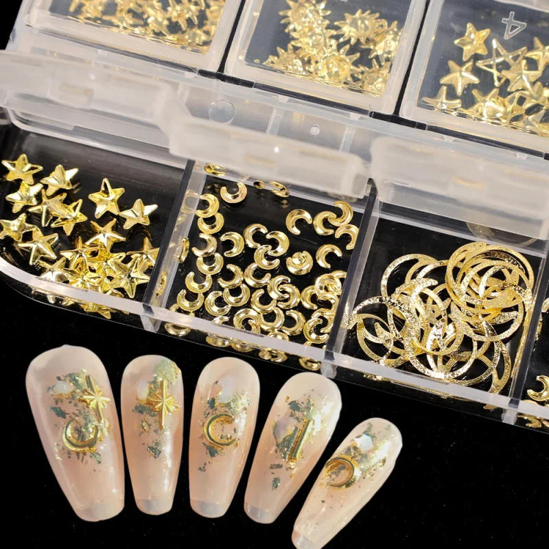 Description Picture 4 of itemHeallor Gold Star Moon Nail Charms 12Grids Metal Slice Rivet Nail Rhinestones DIY 3D Flatback Nail Art Decorations Manicure Acce