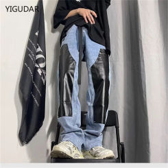 High Street Color Block Spliced Washed Jeans Mens Oversize Wide Leg Straight Denim Flare Pants Retro Loose Casual Trousers