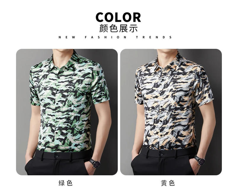 Description Picture 6 of itemNew Arrival Men's Fashion Patchwork Color Shirts Summer 2024 Casual Stripes Dress Short Sleeve Tops