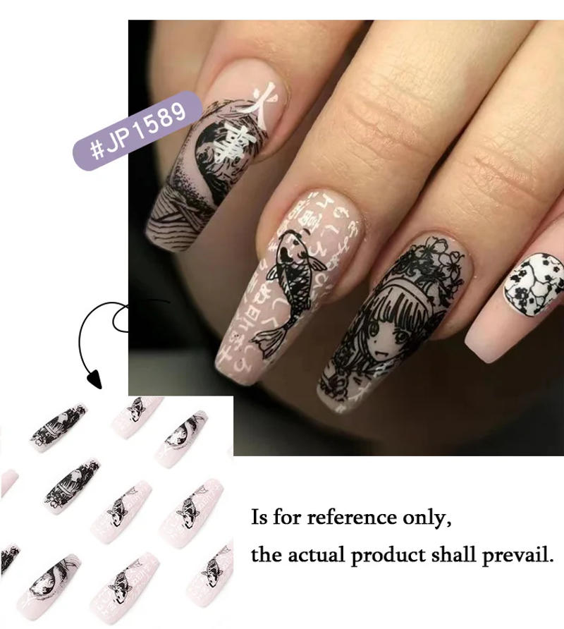 Description Picture 3 of itemSea Wave Carp Japanese Style Doodle False Nails Detachable Nude Pink Long Coffin Fake Nails with Glue Full Cover Press on Nails