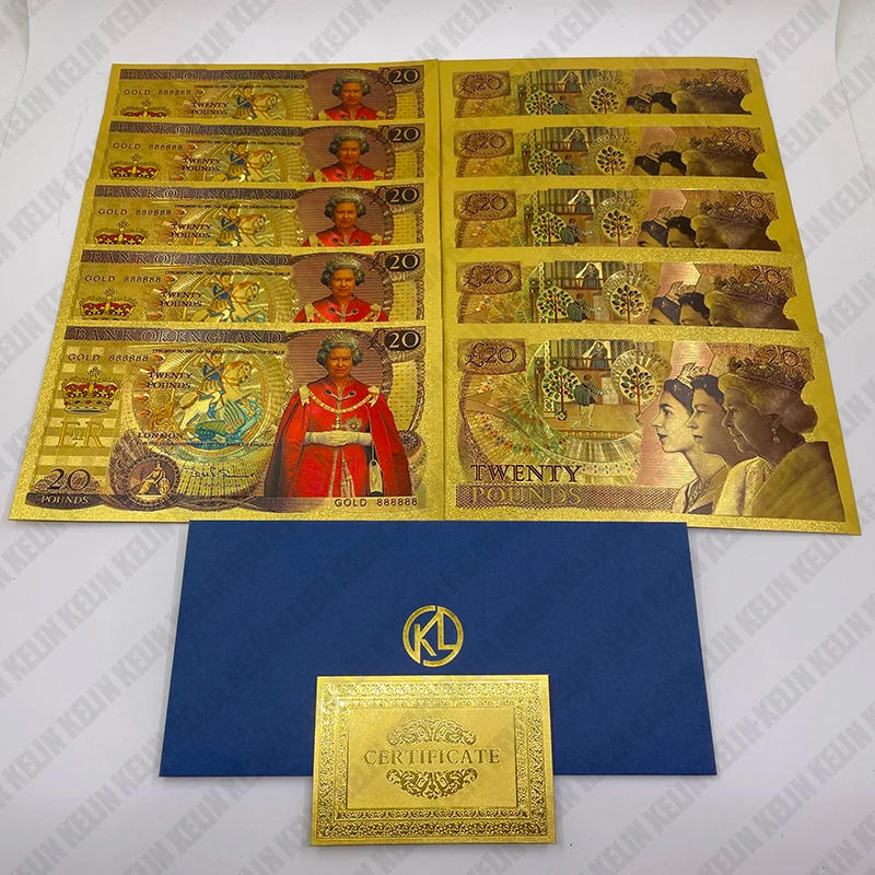 Description Picture 5 of itemBeautiful 5 Designs Queen Elizabeth II Gold Banknotes GBP UK Twenty Pound Souvenir Gifts England Queen Collectibles