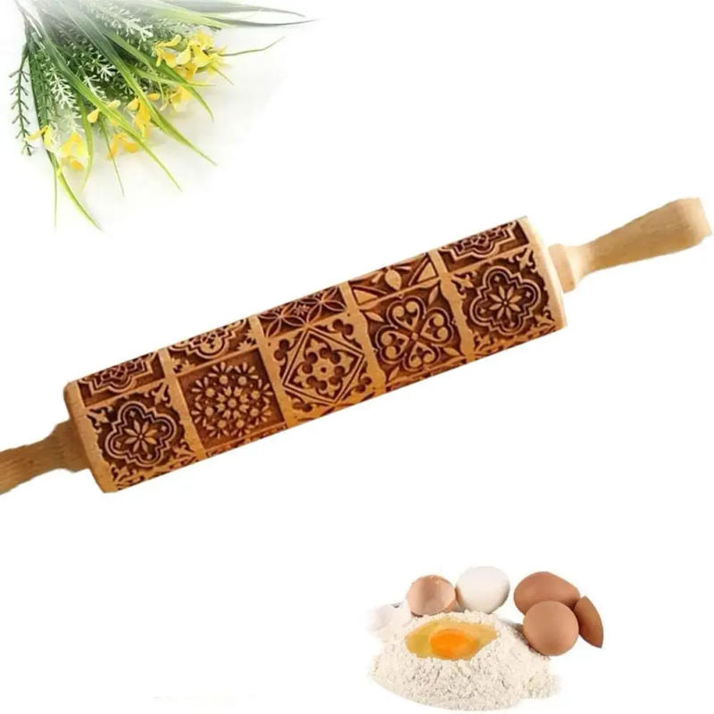 Description Picture 4 of itemExquisite Pattern Rolling Pin Wooden Embossing Baking Tools Reindeer Dough Engraved Square Grid Cookies Mold