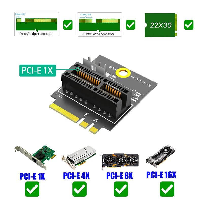 Description Picture 5 of item2230 M.2 Key A+E to PCIE X1 Adapter Card PCI Express PCI-E 1X Slot to M2 NGFF Key A/A+E/E Converter Riser Card 4Pin Power Supply