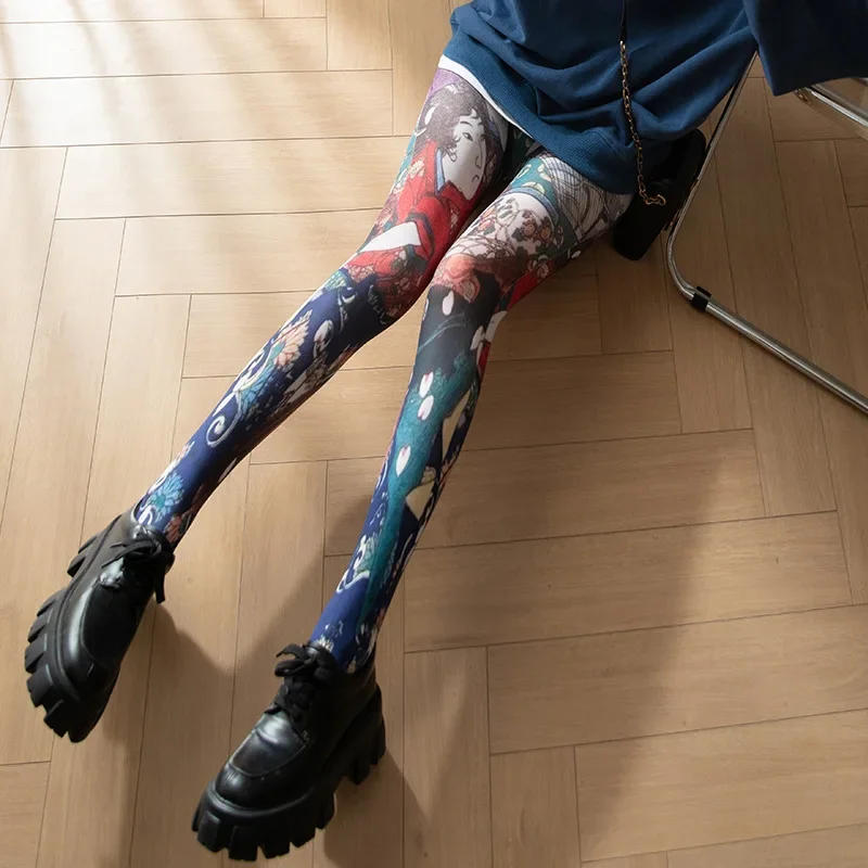 Description Picture 3 of itemWomen Retro Printed Tights Abstract Portrait Stockings Female Multicolour Fashion Pantyhose Nylon Silk Tights Ins Long Socks New