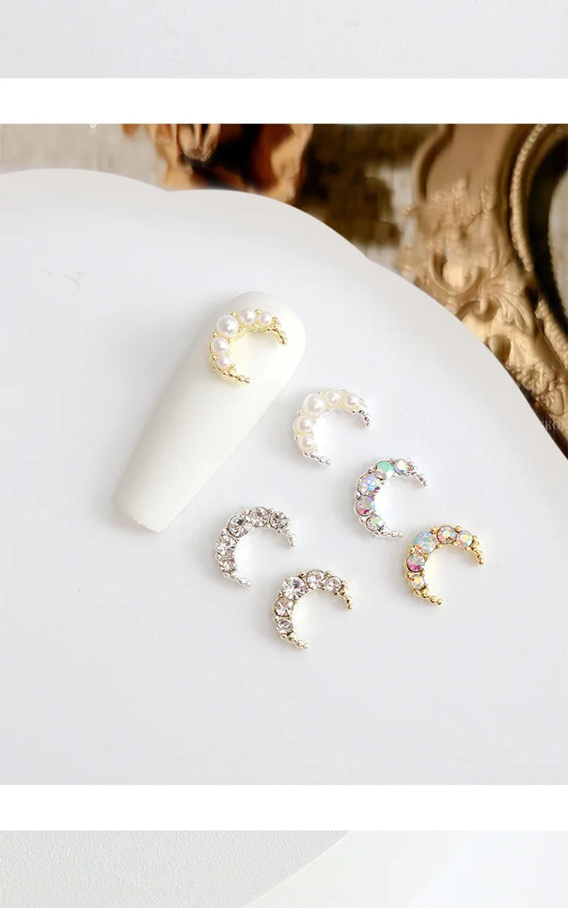 Description Picture 5 of item10PCS Japan AB White Diamond Pearl Inlaid Gold Silver Crescent Moon Alloy Nail Art Rhinestones Jewel Decorations Manicure Charms