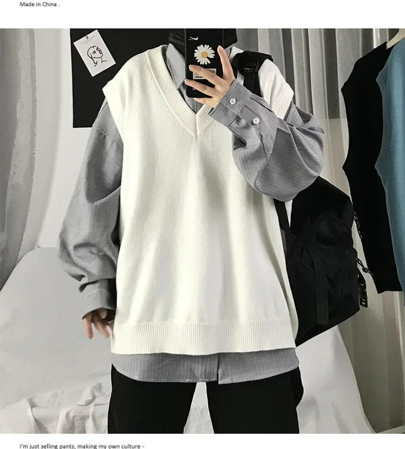 Description Picture 6 of itemJapanese Style Casual Spring Autumn Men's Sweater Loose-fit Shoulder Vest Base Layer Top V-neck Knitted Top Korean Version Vest