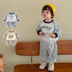 Children's Stripe Set 2025 New Autumn Boys' Fashion Embroidered Cartoon Hoodie Baby Pants Two Piece Set