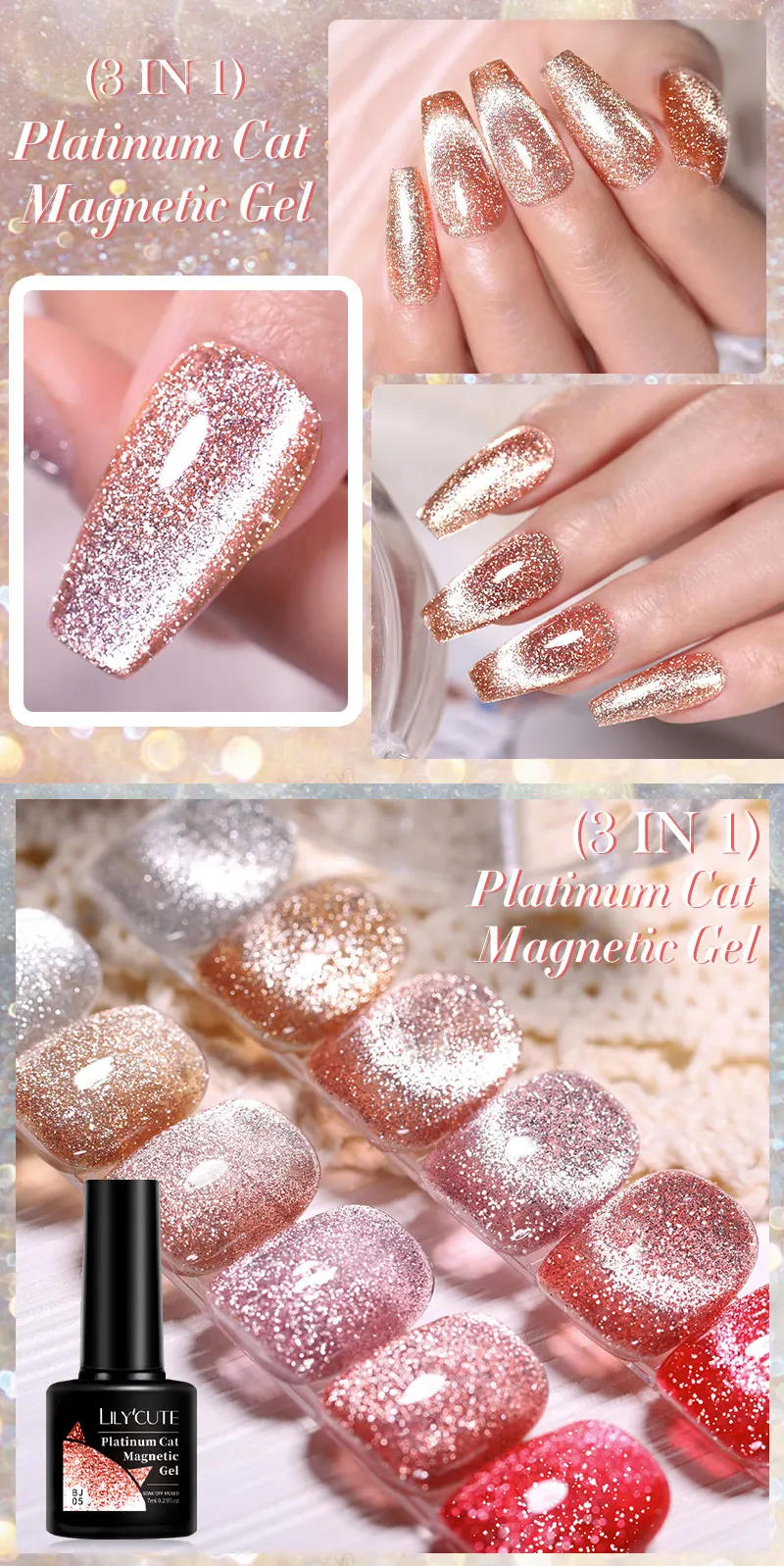 Description Picture 5 of itemLILYCUTE 7ML Rose Gold Foils Effect Platinum Cat Magnetic Gel Nail Polish Silver Moonlight for Fall Winter Manicure Nail Art Gel