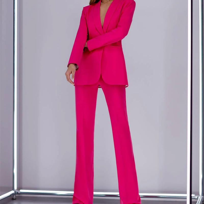 Description Picture 2 of item2024 Hot Pink Solid 2-Piece Suits For Women Fashion Outfit Smart Business Wedding Guest Female 2 piece Set Jacket Pants