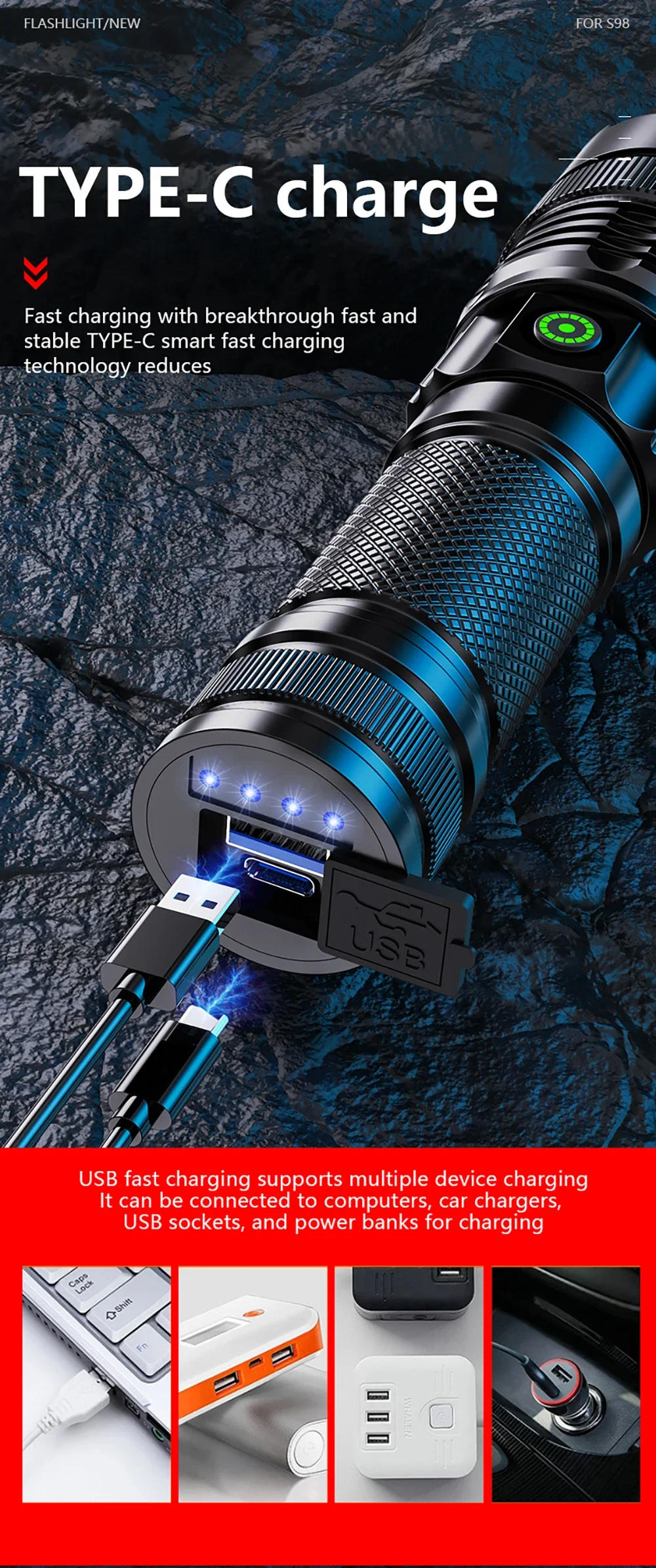 Description Picture 6 of item100000 Lumen Super Bright Spotlight Long Range LED Flashlight Built-in Battery  USB Charging Waterproof Portable Camping Torch