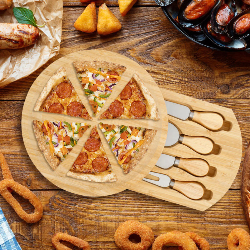 Description Picture 3 of itemPizza Board Bamboo Tray Cheese Plate With Cheese Knife Mini Cake Dessert Pallet Xmas Party Pudding Pizza Bread Cutter Tray Set