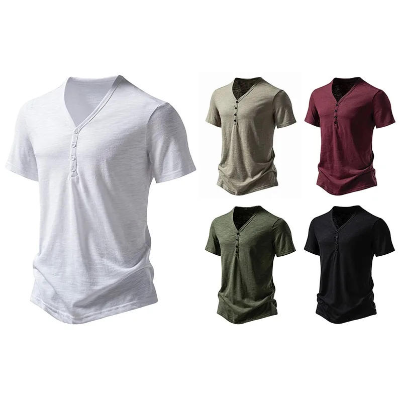 Description Picture 6 of itemSummer High Quality New Four Button Men's V-neck Bamboo Short Sleeve T-shirt Mens Clothing