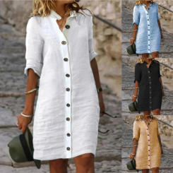 Women Cotton Linen Loose Dress Summer Turn Down Collar Button Half Sleeve Beachwear Party Dresses FYY-230