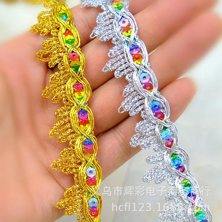 Description Picture 2 of item13 Meters Sequined Woven Straps Lace Gold and Silver Mountain Lace Dance Clothing Accessories Beaded Decorative Edge 2.3cm Wide