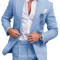 Light Blue/Beige Linen Wedding Men Suit Casual Single Breasted Slim Fit Blazer Pants High Quality Summer 2 Piece Costume Homme