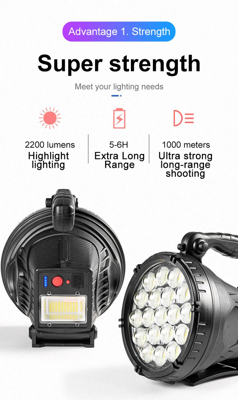 Description Picture 3 of itemHigh Power Strong Light Searchlight LED Portable Flashlight Outdoor Camping Emergency Double Lamp Head Long-distance Spotlight