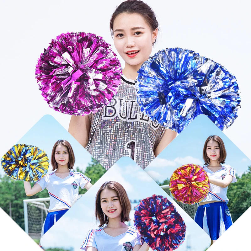 Description Picture 2 of item1Pc 25CM/30CM Plastic Double Hole Handle Cheerleader Pom Poms Metallic Streamer Club Sport Supplies Dance Party Club Decorator