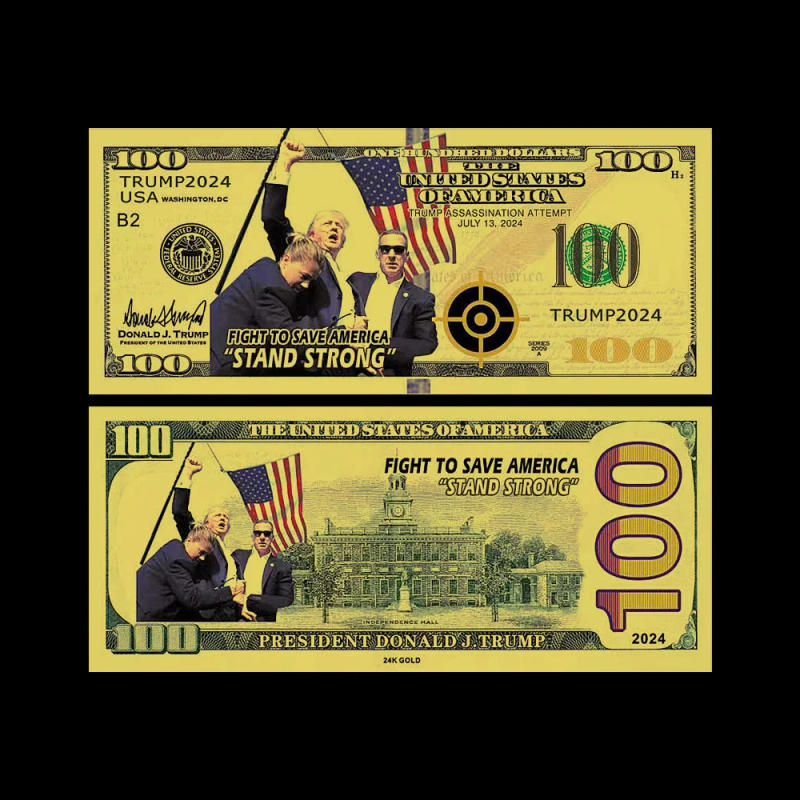 Description Picture 2 of item10pcs US President 2024 Assassination Attempt Donald Trump Gold Foil Plastic Banknotes FIGHT Stand Strong Gift