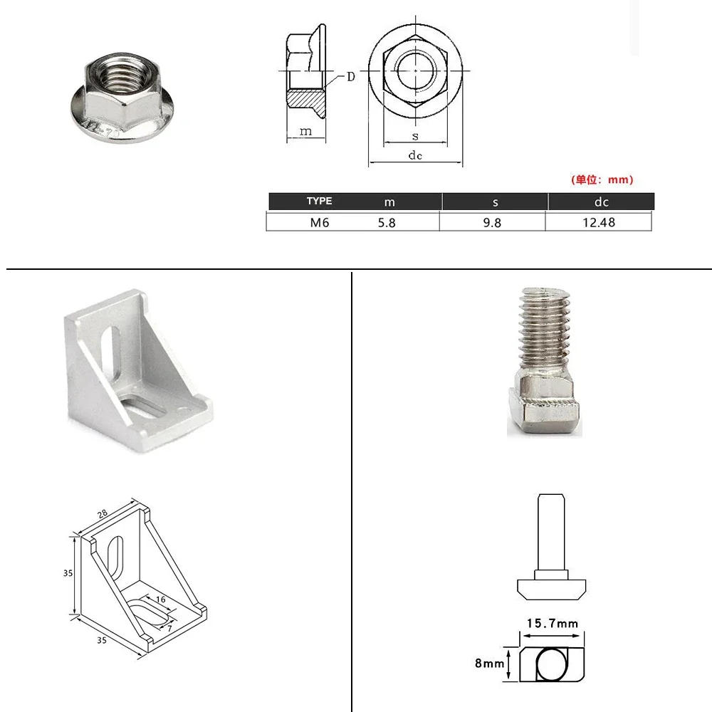 Description Picture 4 of item3030 Aluminum Profile Connector Set: 20pcs 3030 Corner Bracket + 40pcs M6 x 16mm T Bolt Screws + 40pcs M6 Hex Flange Nuts