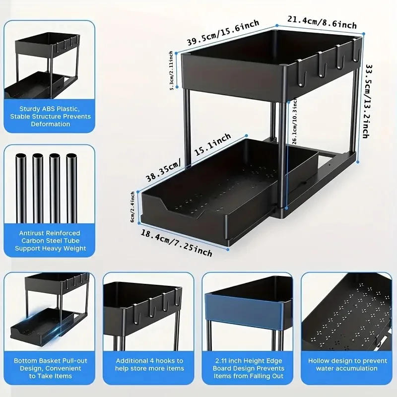 Description Picture 3 of itemAdjustable Height Under Sink Organizer Sliding Drawer Multi-Purpose Cabinet Organizer with Basket Kitchen Under Sink Organizers
