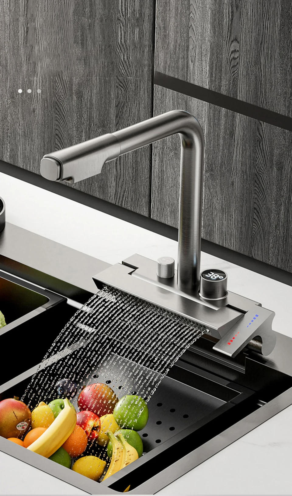 Description Picture 6 of itemRain Waterfall Kitchen Faucet Kitchen Sink Washing Pool Tap Single Hole Pull Out Temperature Digital Display Bathroom Faucet