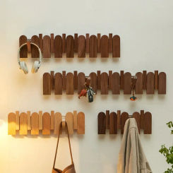 Walnut Wood Wall Mounted Coat Rack with Hidden Decorative Hook Clothes Hat Key Hanger Closet for Living Room Hallway Furniture
