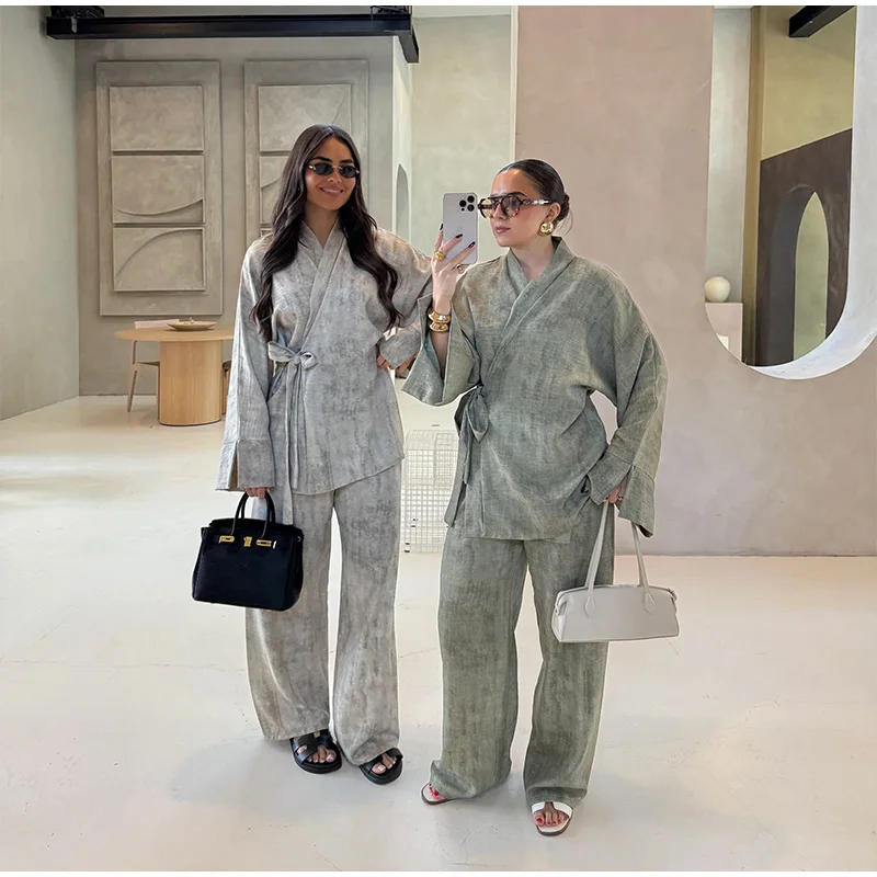 Description Picture 5 of itemCotton Linen Women's Set Elegant Lace Up Long Sleeve Top Straight Wide Leg Pants Sets 2025 Summer Print Lady Casual Trouser Suit