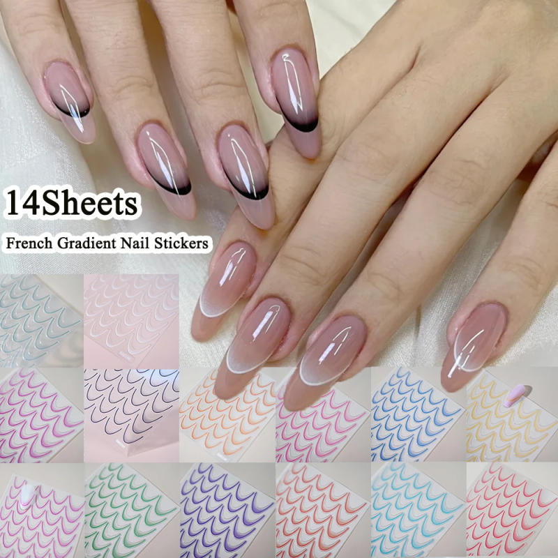 Description Picture 2 of item14pcs French Gradient Nail Art Stickers Set 5D White/Black Wave Line Ink Blossoms Water Transfer Slider Decals Nail Stencil Tool