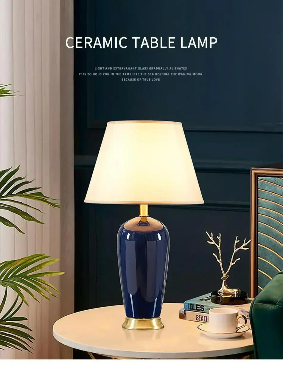 Description Picture 2 of itemCeramic Table Lamp Room Decor American Light Luxury Bedroom Bedside Lamp Living Room Dark Blue Remote Control Desk Lamp