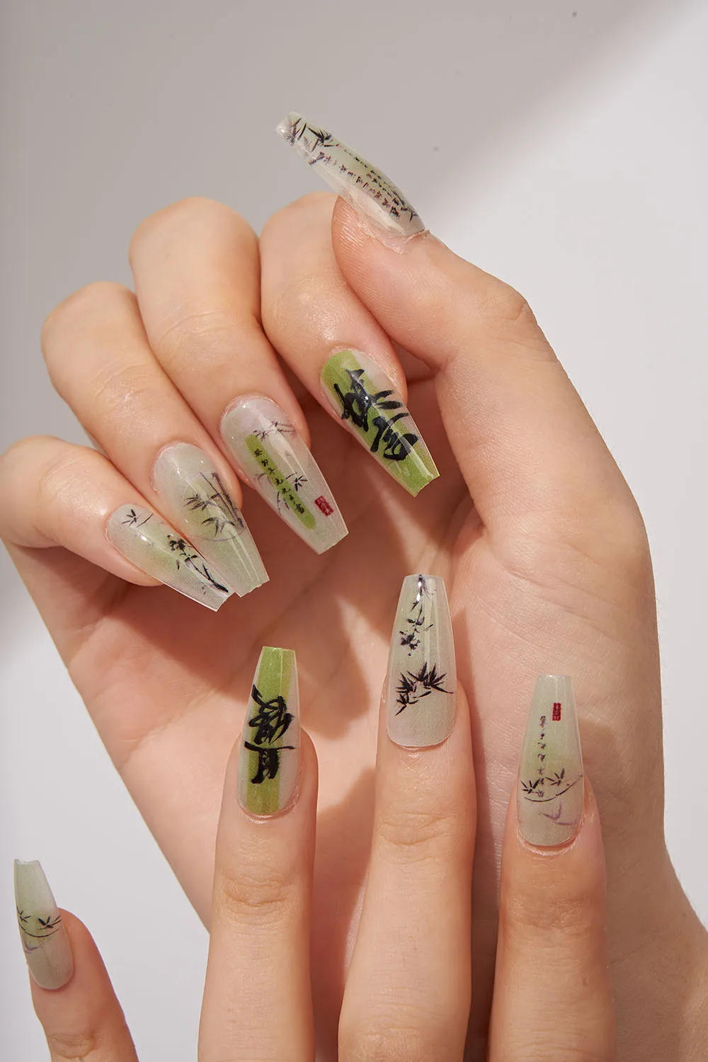 Description Picture 6 of item10PCS Chinese Style Press on Nails Green Handmade Fake Nails with Glue Link Bamboo Stick-on Aesthetic False Nails
