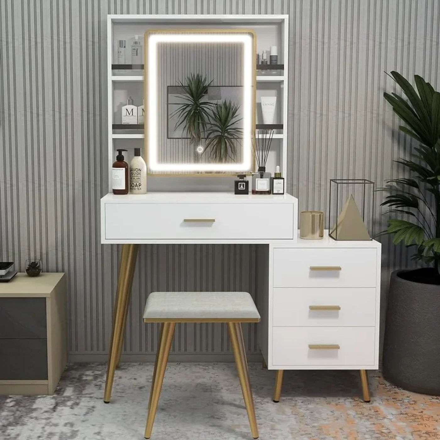Description Picture 3 of itemMakeup Vanity With 4 Drawers Vanity Mirror With Lights and Table Set Rectangular Mirror White Freight Free Dressing Dresser Home