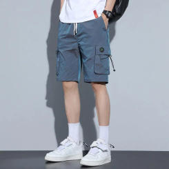 Men Summer Shorts Elastic Waist Adjustable Drawstring Ice Silk Casual Shorts Wide Leg Gradient Color Multi Pockets Cargo Shorts
