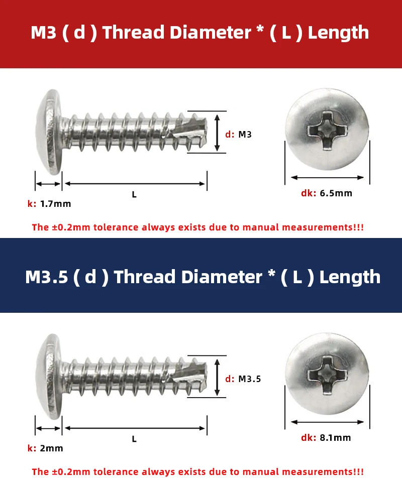 Description Picture 5 of item304 Stainless Steel Round Tapping Screw Phillips Umbrella Head Tail cutting Screws Round Head Cross Break End Fasteners M2~M5