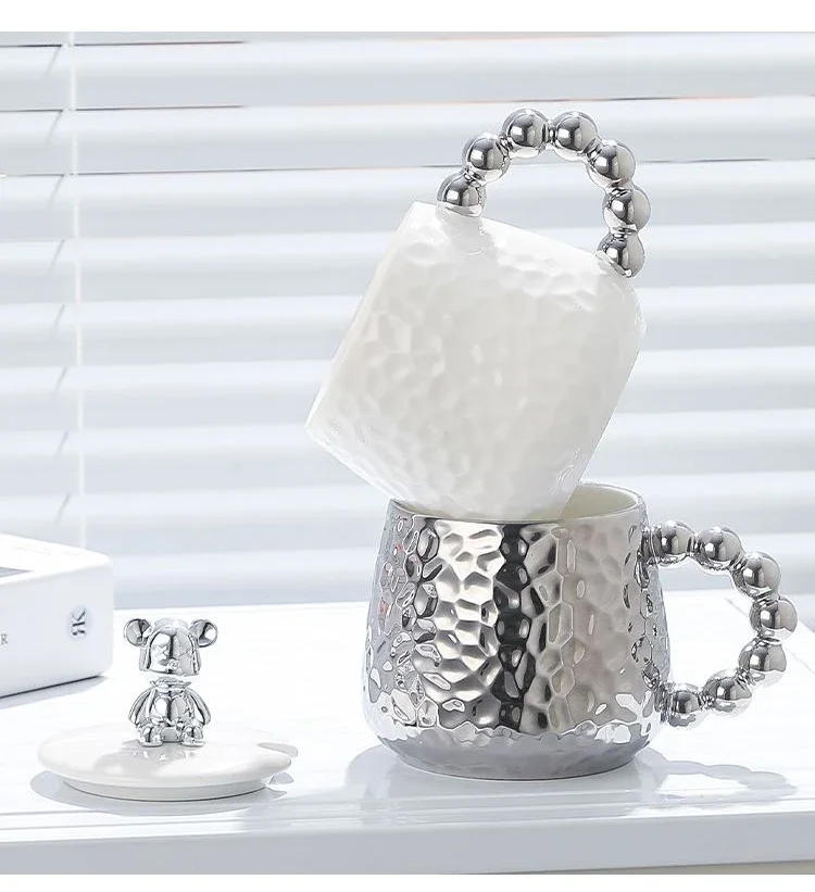 Description Picture 2 of itemEuropean Style Couple Ceramic Coffee Cup Galvanized Silver Bear Mug Gift Office Teacup Living Room Breakfast Mug Home Decoration