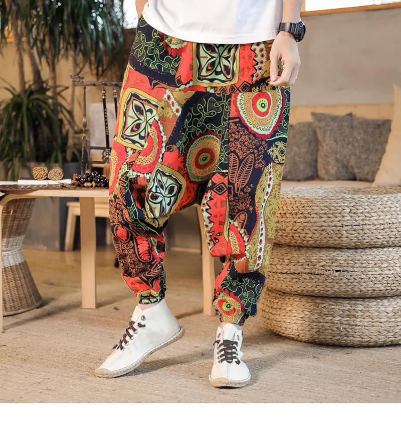 Description Picture 3 of item2024 Men Harem Pants Print Retro Drop Crotch Joggers Trousers Men Baggy Loose Nepal Style Men Casual Pants M-5Xl