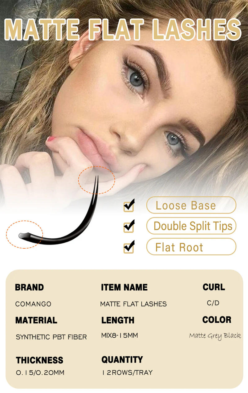 Description Picture 2 of itemMix-8-15mm Matte Grey Black Flat Ellipse Eyelash Extension Lasting Blooming Lashes Split Tips Premium False Mink Classic Lash