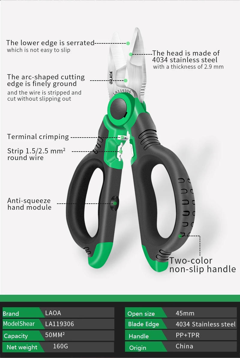 Description Picture 4 of itemLAOA Electrician Scissors 6/7/8 Inch Wire Stripper Wire Cutter Crimpper Open Handle Stainless Shears Cable Cutting Crimping Tool