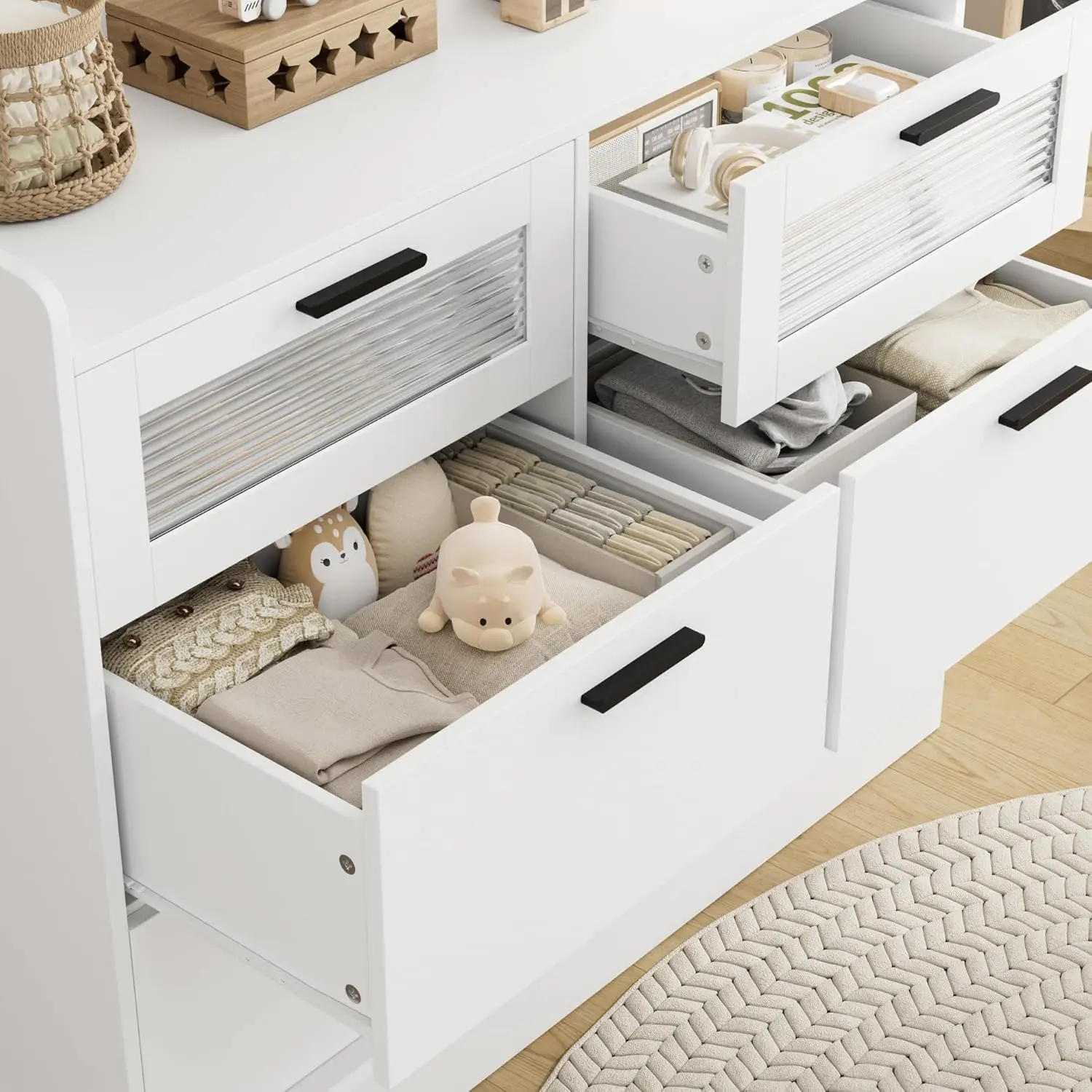 Description Picture 4 of itemModern 6 Drawer Dresser for Bedroom, Double Wide Chest of Drawers with Storage, Tall Dresser with Metal Handle & Fluted Glass