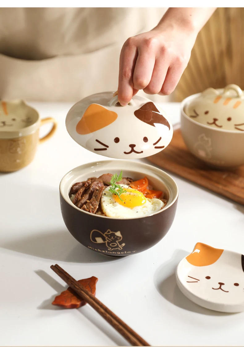 Description Picture 4 of itemCartoon Cat Ceramic Instant Noodle Bowl Japan Cute Cat Ceramic Bowl with Lid Fruit Bowl Cartoon Kitchen Tableware Lunch Box