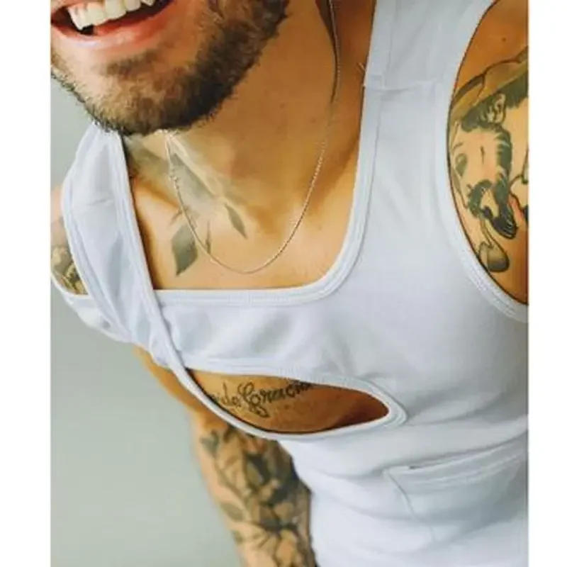 Description Picture 5 of itemMens Cotton T-shirt Bottoming Shirt Street Fashion Casual Irregular Shoulder Straps Cotton Vest Men