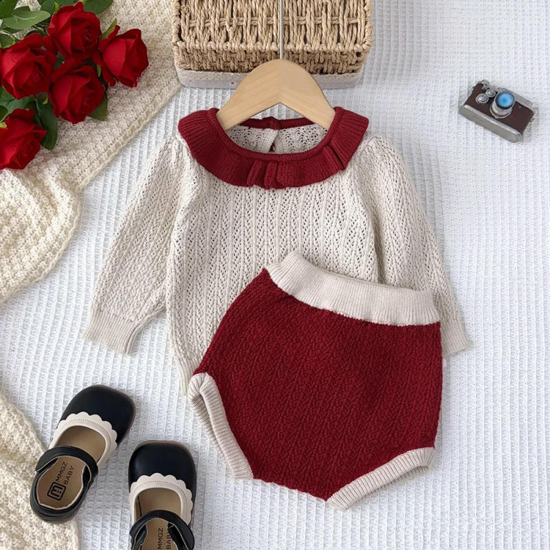 Description Picture 2 of itemBaby Girl Outfit Set Winter Collar Knitted Top+white Wool Ball Shorts Sweater Two-piece Sets New Year Girl Red Outfit